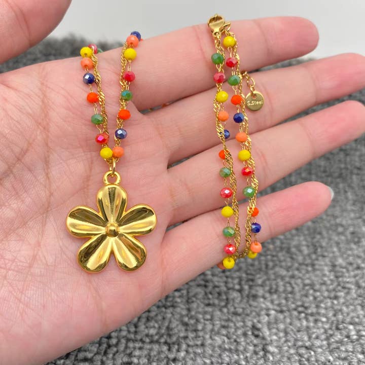 Mio Queena - Wholesale Pendant/Charm Necklace - 18K Golden Flower Beaded Chain Double Layer Necklace - FGS