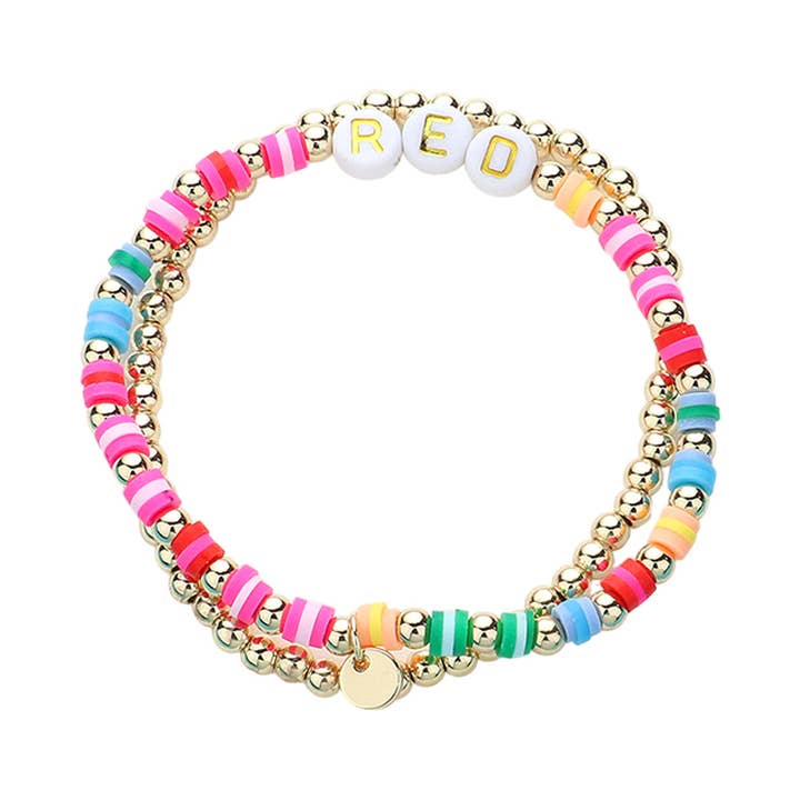 Sensibling Corp. - Wholesale Beaded Bracelet - 2PCS - RED Message Metal Ball Heishi Beaded Stretch Multi Layered Bracelets2