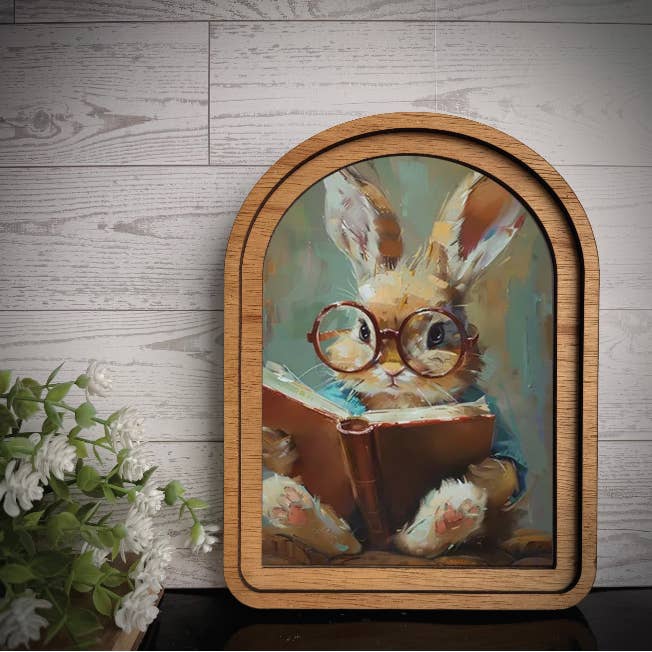 Arch Frame Art Print Bunny Reading Glasses | Wood Frame for wholesale by Maci Loo Makings