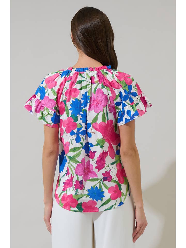 PINK BLUE Liran Floral Macy Ruffle Top for wholesale on Faire