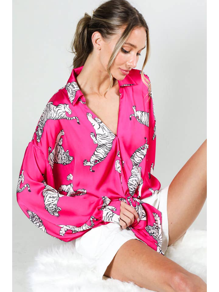 Vine & Love - Wholesale Button Down Shirt - Women's - Long puff sleeve tie front tiger printed satin top VT81497A