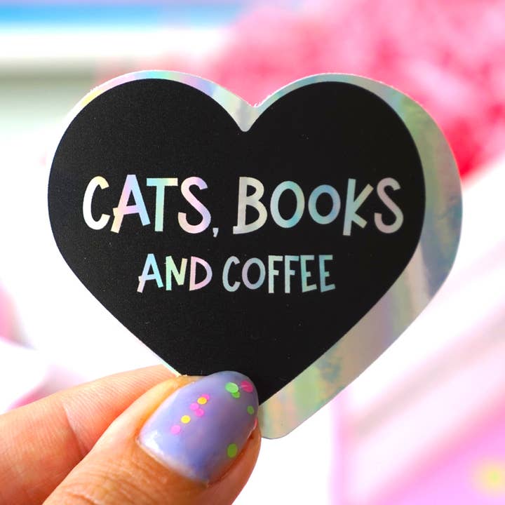 Cats, books & coffee - Bookish sticker book lover trope for wholesale by Creative Goodie