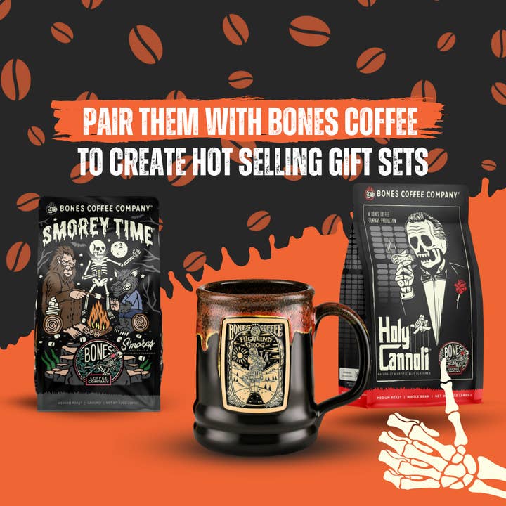 Bones Coffee Company - Wholesale Coffee Mug - Skull Logo Handthrown Mug | Black Coffee Mug | 14 oz