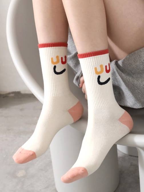 Smiley Embroidered Cute Mid-Tube Cotton Socks for wholesale by HIDDENBRAND