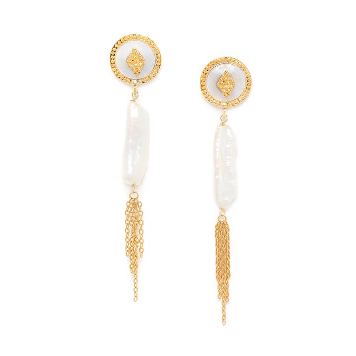 ALLY fresh water pearl bar+ chain tassel post earrings for wholesale by Franck Herval