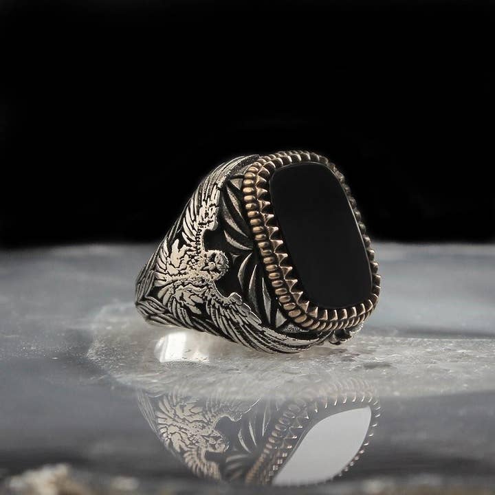 Ephesus Jewelry - Venta al por mayor Anillos grandes/de cóctel - Anillo Halcón de Plata de Ley con Ágata Negra