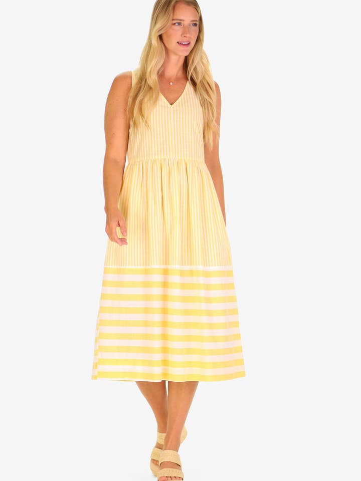 The Twila Dress in Lemon Linen Stripe for wholesale by Duffield Lane