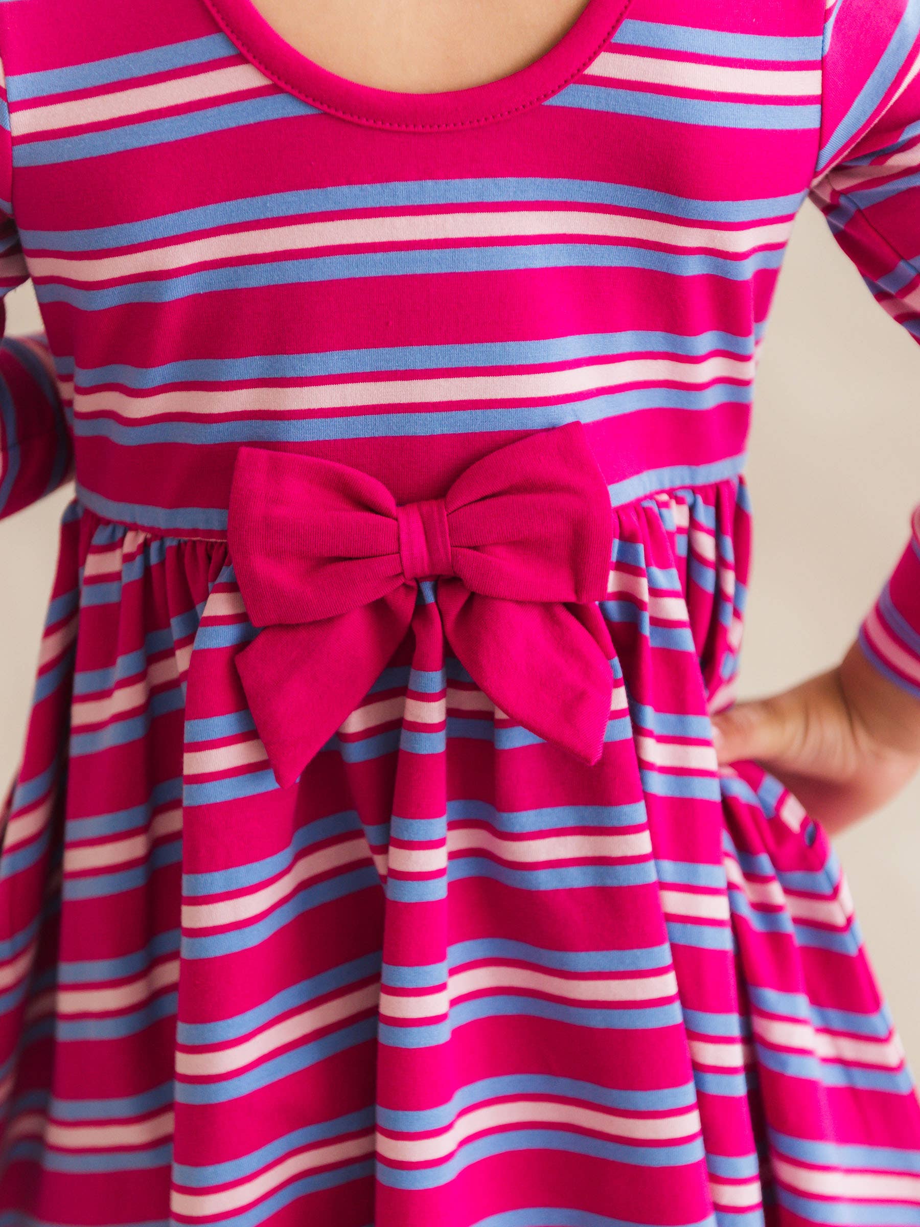 Pink Girls Very Berry & Periwinkle Blue Stripe Knit Long Sleeve Twirl Dress for wholesale on Faire6
