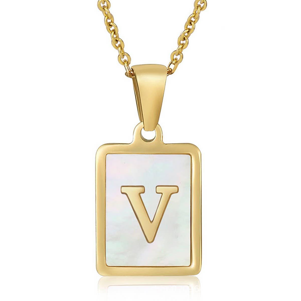 NINEXIS - Wholesale Pendant/Charm Necklace - CWAJE1917_Square Stainless Steel White Shell Letter Necklace22