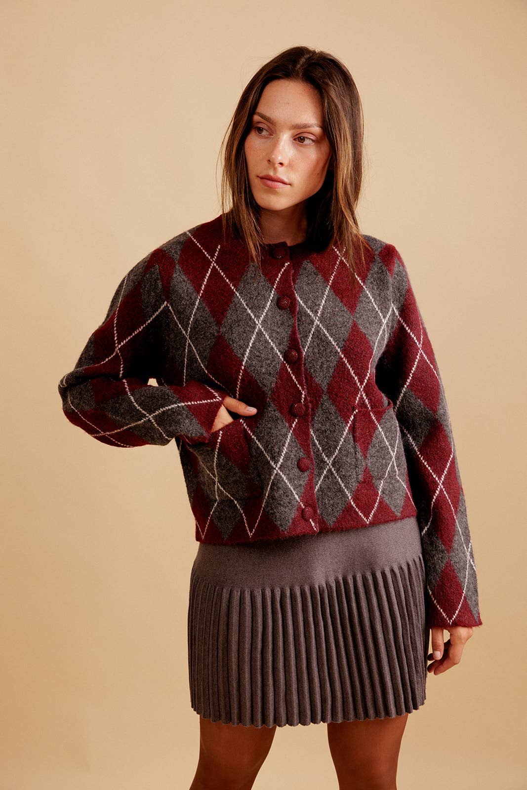 EMILIE K - Vendita all'ingrosso Cardigan - Donna - Gilet LYSIANNE a motivo a rombi in maglia spessa0