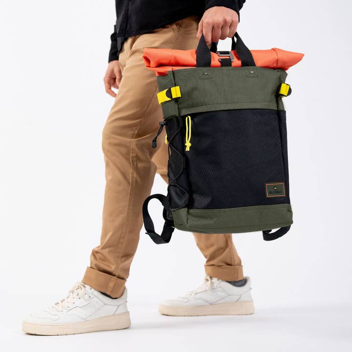 BILLYBELT – wholesale Backpack – Men's – Roll-top 100% recycled polyester backpack - Khaki and orange