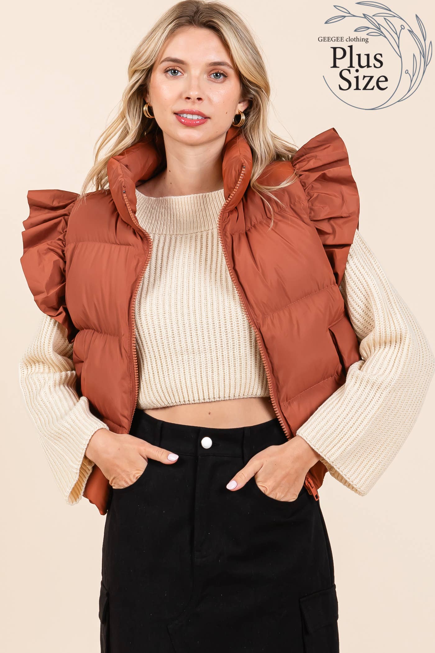 GeeGee x Lovelo - Wholesale Outerwear Vest - Women's - Plus Ruffled Sleeve Puffer Vest, MJ4501PL7