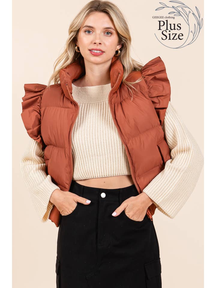 GeeGee x Lovelo - Wholesale Outerwear Vest - Women's - Plus Ruffled Sleeve Puffer Vest, MJ4501PL7