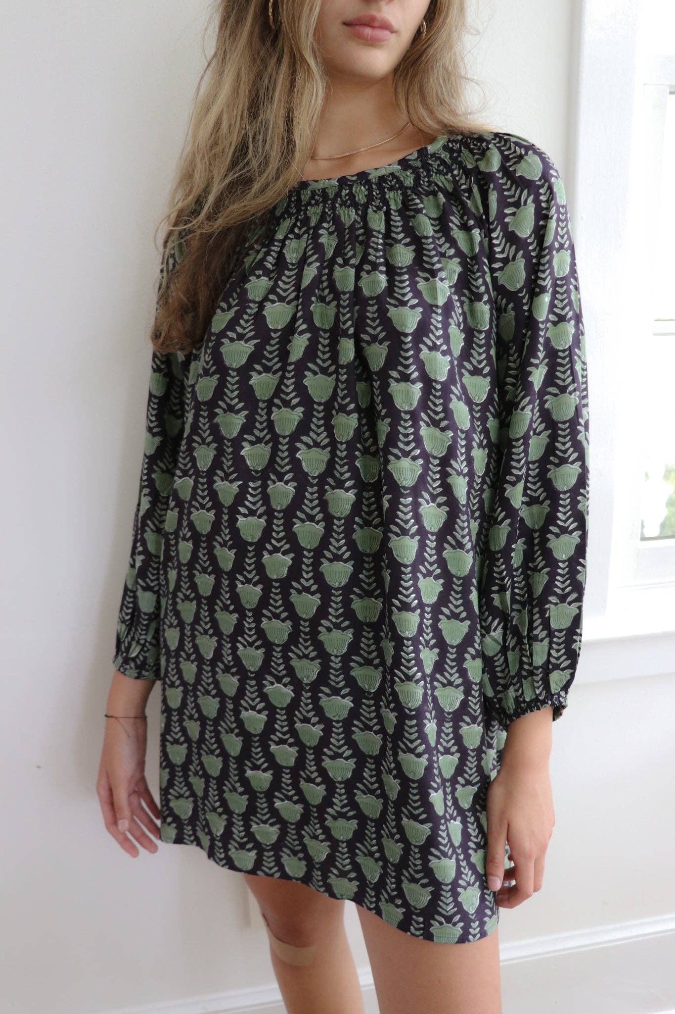 Daphne House Dress - Olive Tulip Print for wholesale on Faire2