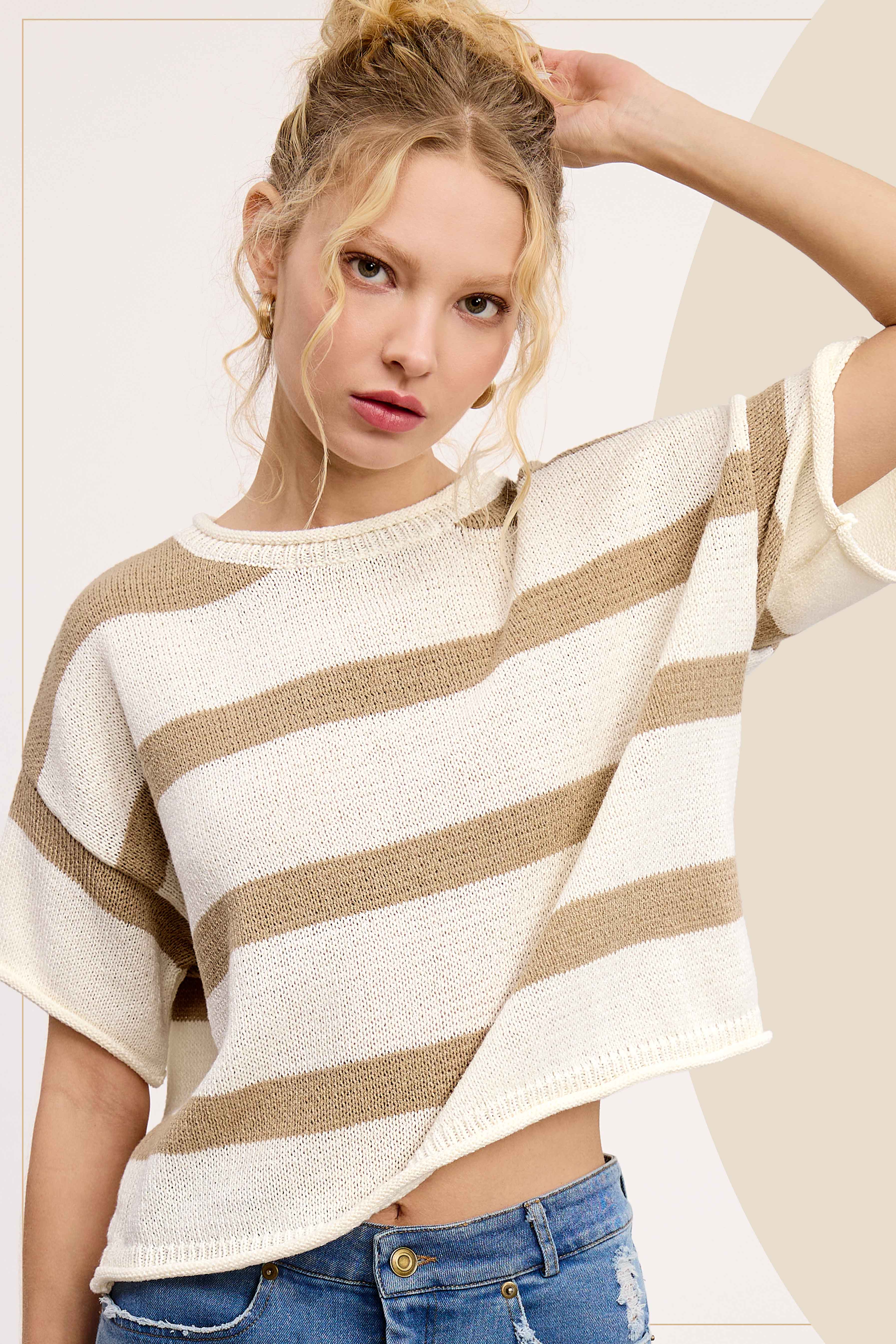 La Miel - Vendita all'ingrosso Maglione tricot - Donna - MCS3579-Boxy Silhouette Maglione Leggero A Righe4