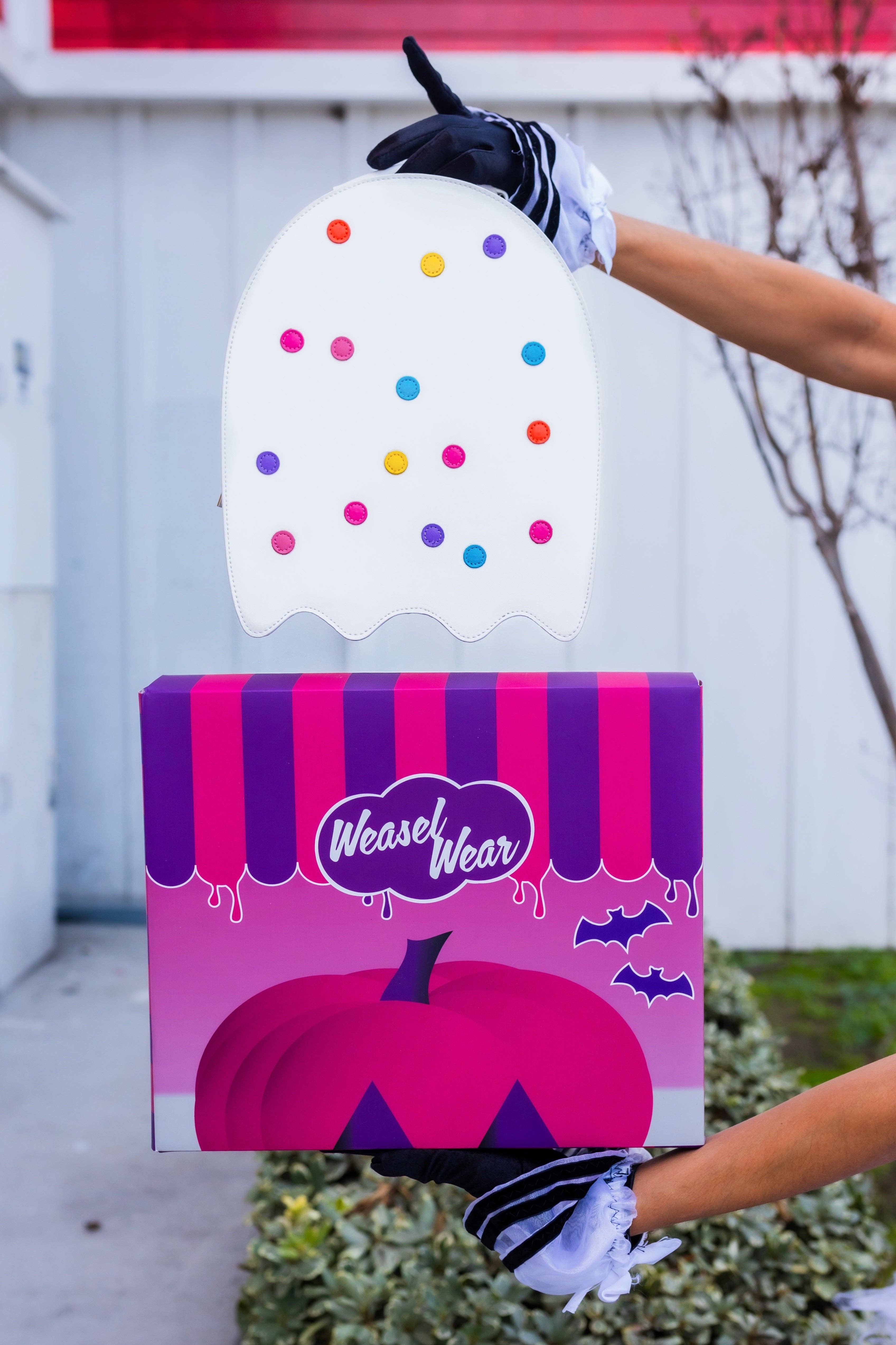 Weasel Wear - Wholesale Crossbody Bag - Women's - Circus Cookie Ghost Convertible Bag - White Vegan Leather Ghost Purse with Rainbow Sprinkles (Spooky Nostalgia Edition)2