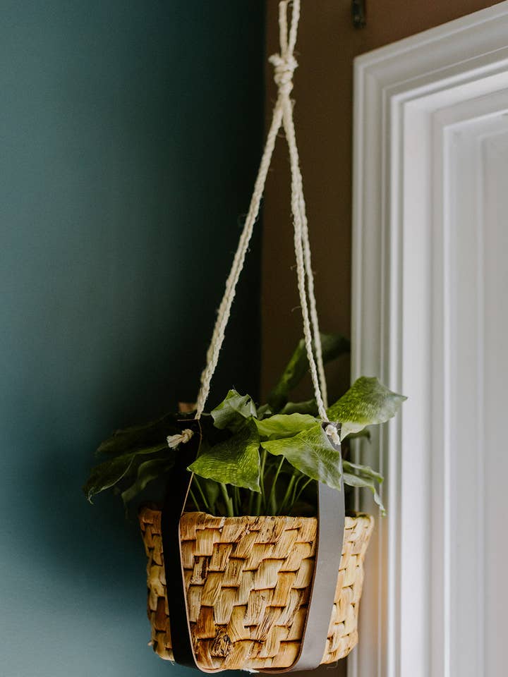 Leather Plant Hanger with Banana Leaf Basket for wholesale by Grain of Rice Project