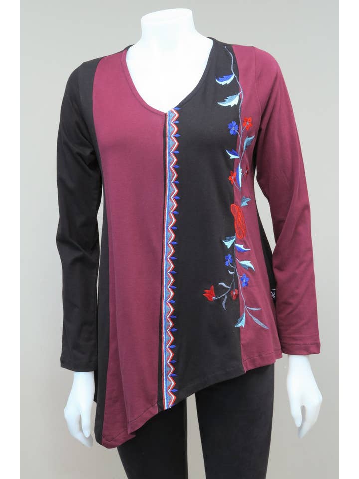 Leopards & Roses - Wholesale Tunic - Women's - RJ-T8822-MA - V-neck Panelled Emb. Tunic
