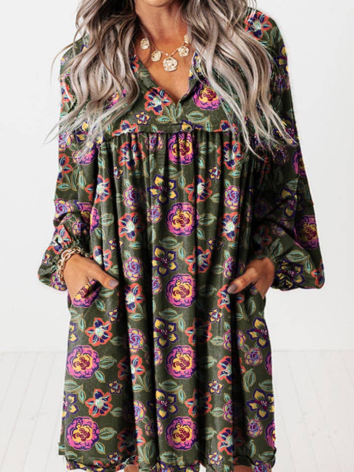 Green Floral Print Split Neck Bubble Sleeve Shift Mini Dress for wholesale on Faire1