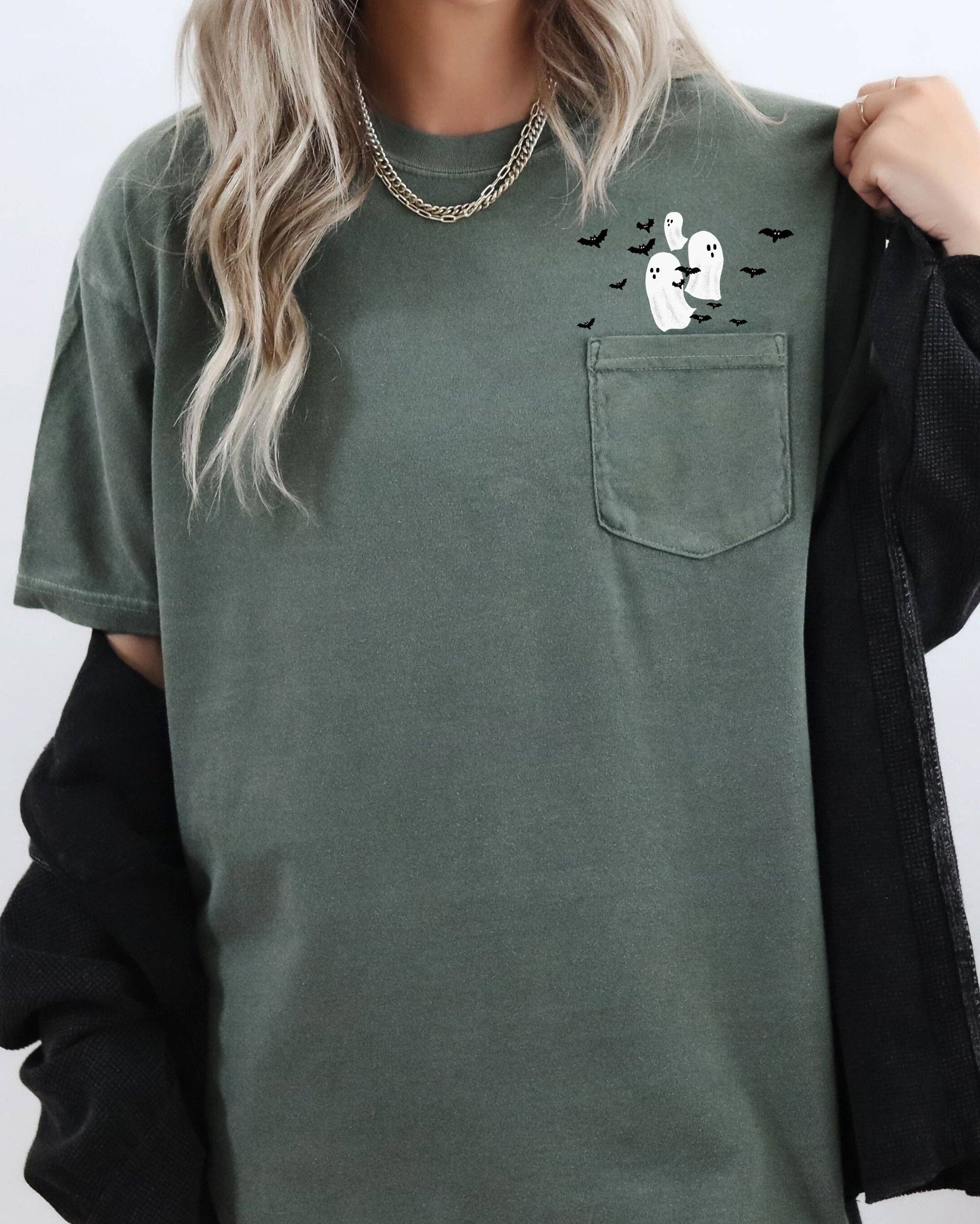 Refinery Number One LLC - Wholesale Screen Printed T-Shirt - Women's - Flying Ghosts and Bats, Halloween Pocket Tee0