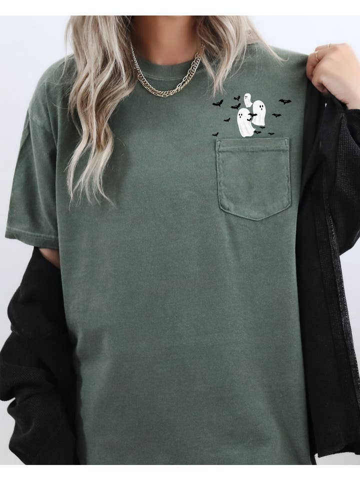 Refinery Number One LLC - Wholesale Screen Printed T-Shirt - Women's - Flying Ghosts and Bats, Halloween Pocket Tee