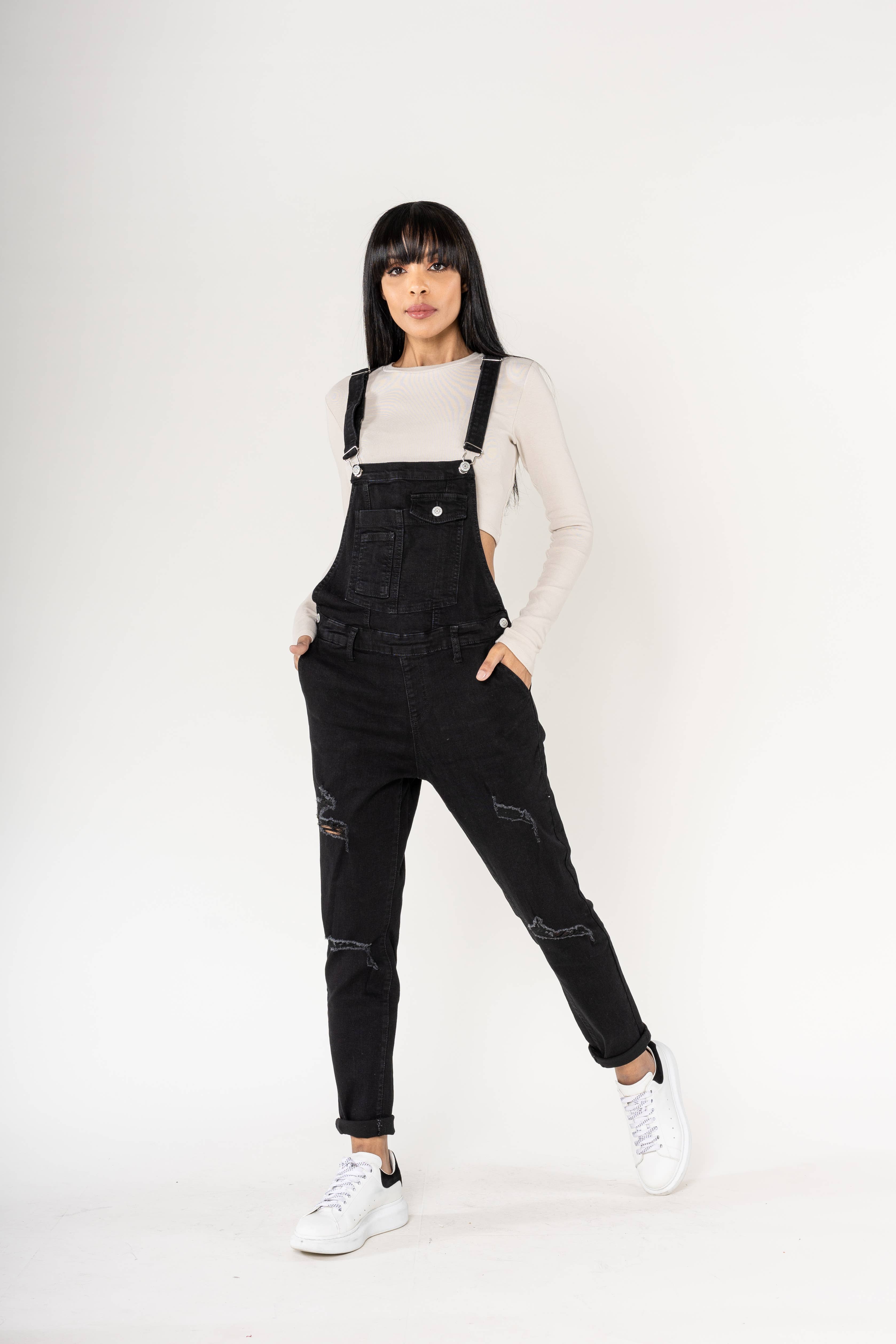 Nina Carter - Wholesale Overalls - Women's - Destroy denim overalls in wide stretch boyfriend jeans S5357