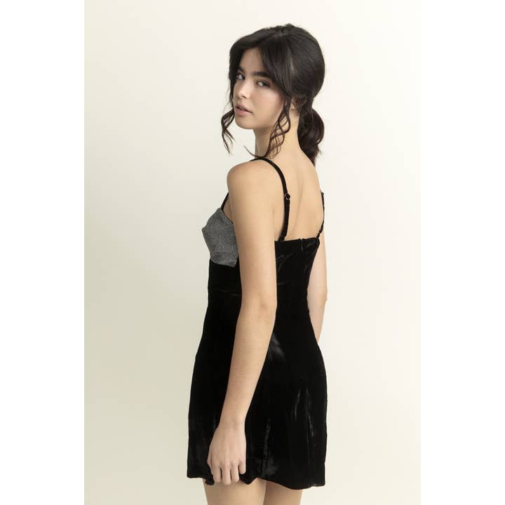 BLACK SILVER JD7188- LUREX BOW VELVET SLIP MINI DRESS for wholesale on Faire