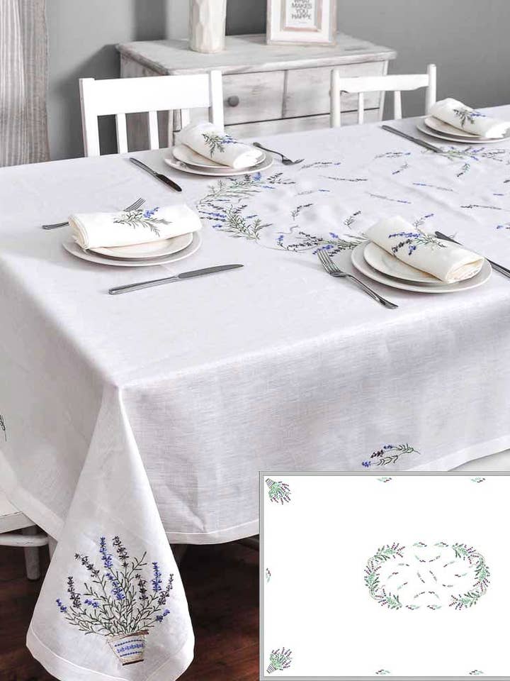 Toalha de Mesa Bordada em Linho Premium-Lavanda Branca 240x140 cm por atacado de Handmade Originals Ukraine