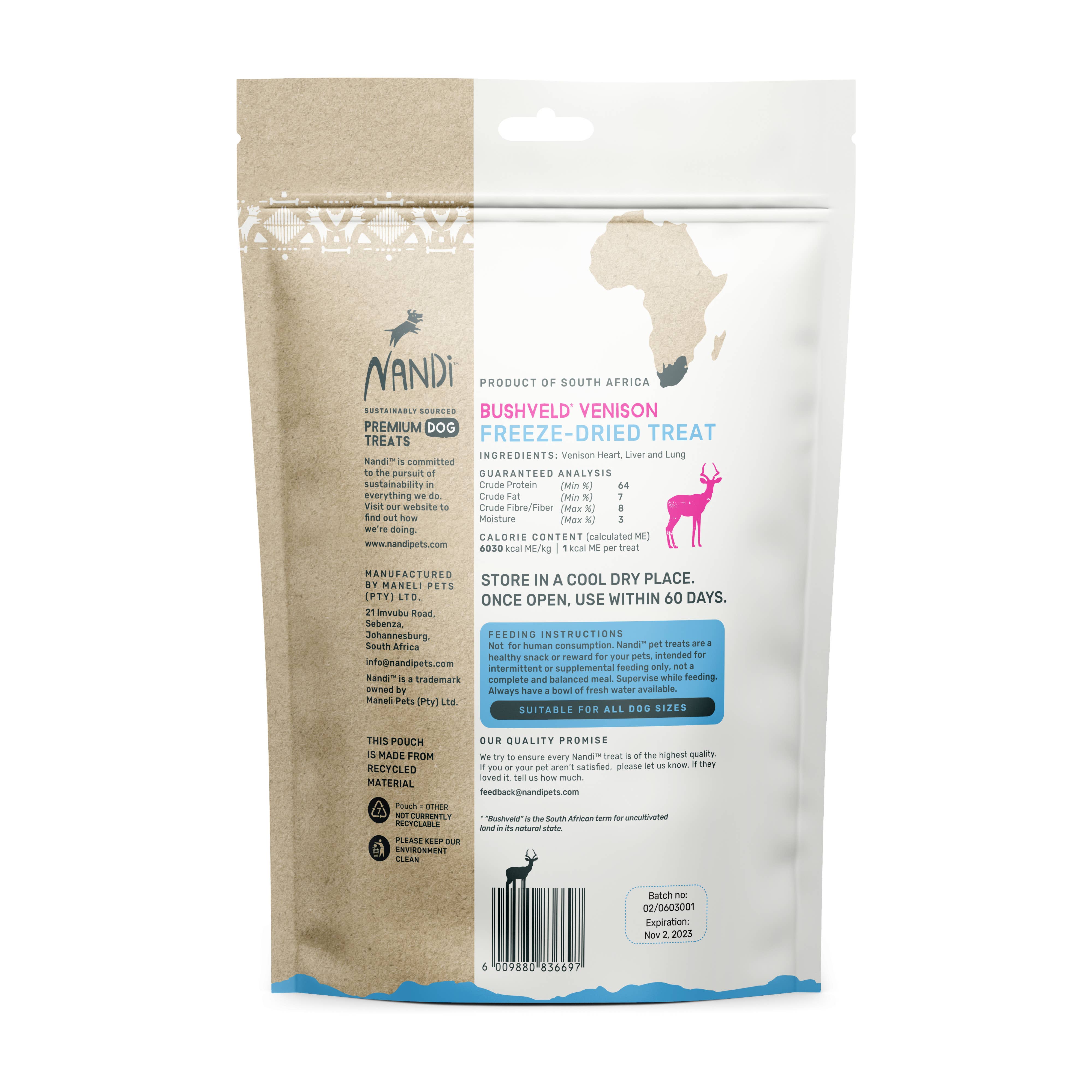 Nandi of Africa - Premium Pet Treats - Wholesale Pet Treats - Dog - Nandi Bushveld Venison Freeze-Dried Meat (1lb)1