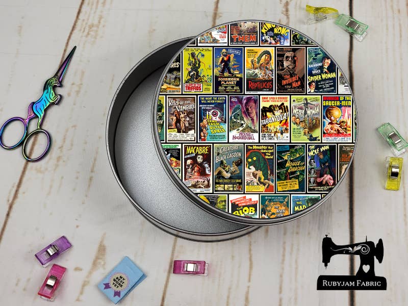 Rubyjam Fabric - Wholesale Decorative box - Vintage Horror Movies - Round Metal Storage Tin, 15cm x 5cm