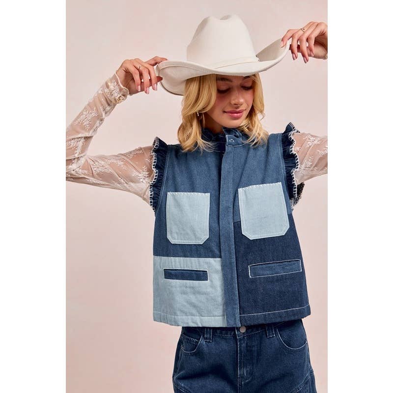 Washed Denim Vest With Block And Shirring Details for wholesale on Faire1