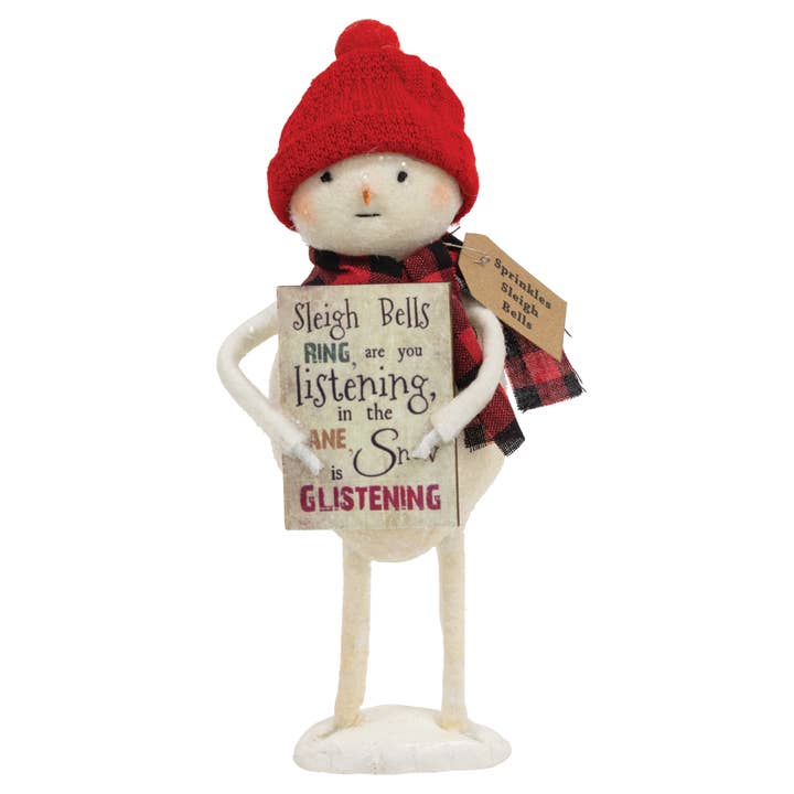 Sprinkles Sleigh Bells Standing Snowman w/Sign for wholesale by The Hearthside Collection