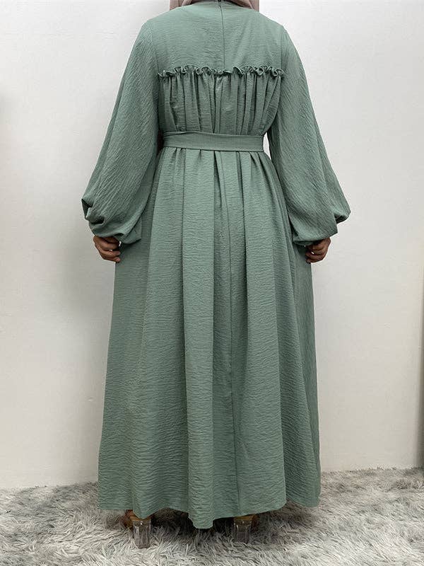 StyleGalX - Wholesale Jurk - Dames - Elasticiteit met lange mouwen en bisschopmouwen, geplooide, effen kleur, gespleten taille, ronde hals, maxi-jurken23