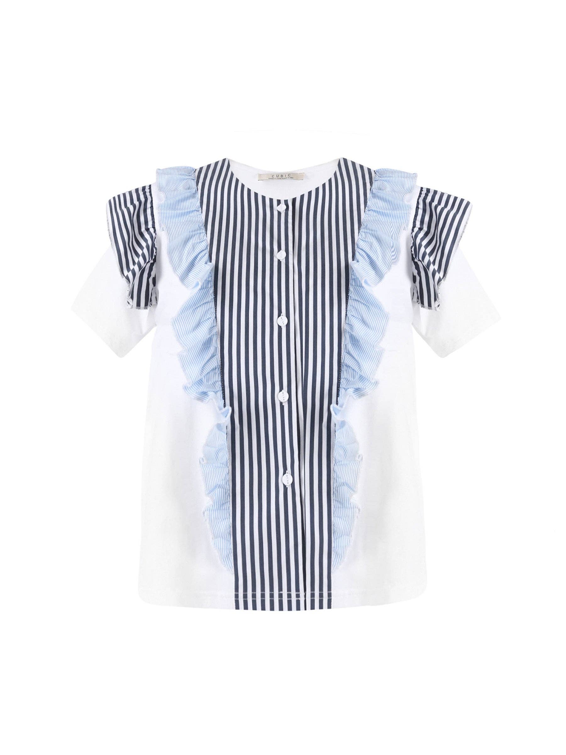 White Blue Ruffled Colour Block  Short Sleeve Top for wholesale on Faire0