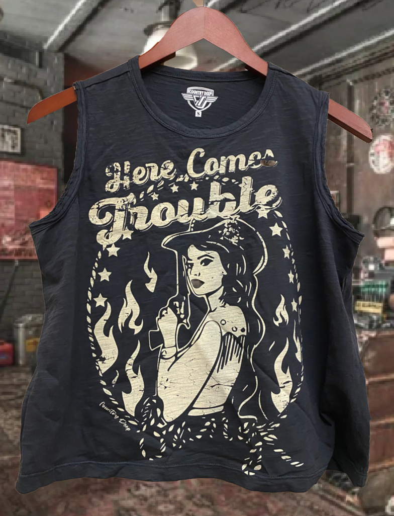 Country Deep Apparel - Wholesale Tank Top - Women's - Here Comes Trouble  Muscle Crop Top2