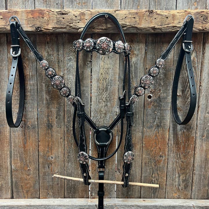 Black Floral Antique Silver Starburst Browband/One Ear Tack Set #BBBC633 for wholesale by Rodeo Drive