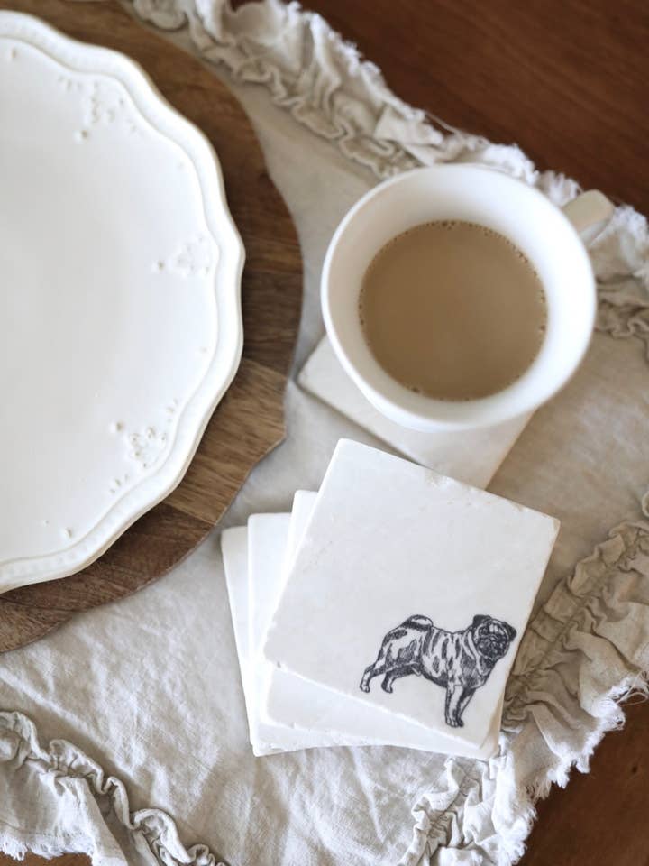 Pug Stone Marble Coaster Set for wholesale by Lace, Grace & Peonies Marble Coasters