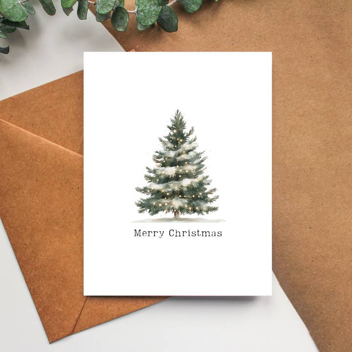 Boho Christmas Card - Snowy Christmas Tree Greeting Card for wholesale by Balsam Paper Co