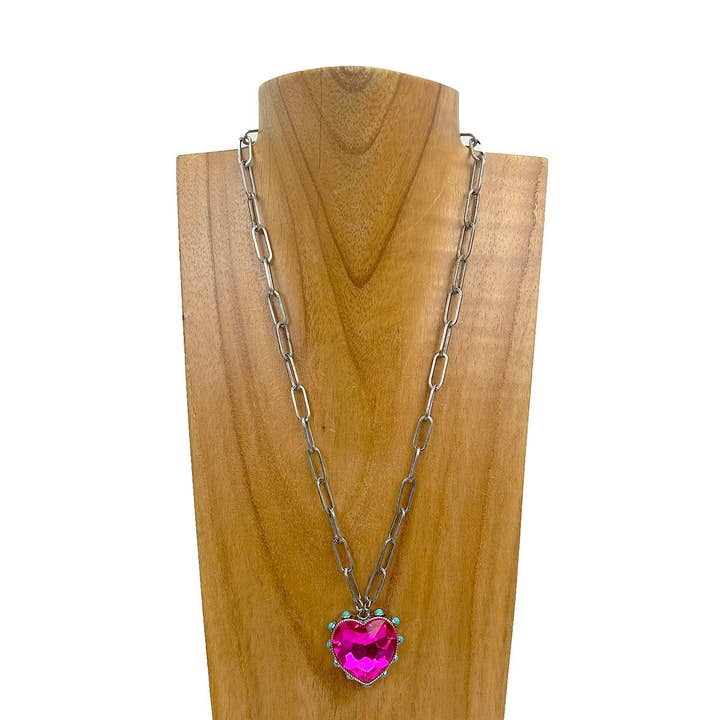 NKY250109-10 19 inches silver metal chain with hot pink crystal heart pendent Necklace for wholesale by Western Elite Jewelry