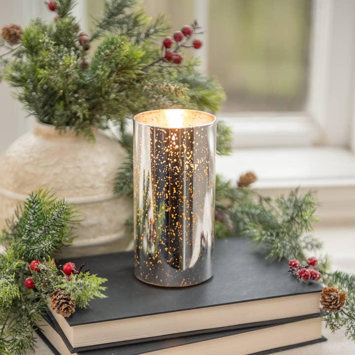 6" SILVER MERCURY GLASS 3D FLAME CANDLE for wholesale by Ragon House