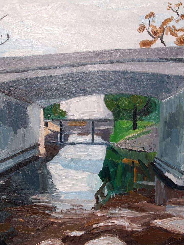 Brug over Brush Creek. Landschapsschilderkunst. Olieverf op doek. 16" x 20" Kansas City, Missouri voor wholesale door John Kline Artwork