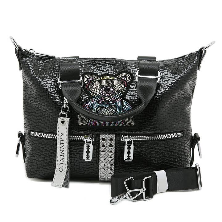 PEACH ACCESSORIES - Wholesale Shoulder Bag - Women's - Chic Hobo Bag with Rhinestone Teddy Bear in Black 8074