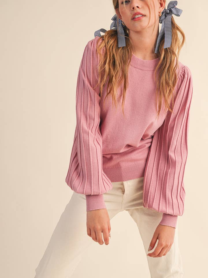 &MERCI - Wholesale Knit Sweater - Women's - STRIPE TEXTURE PUFF SLEEVE SWEATER MSW94857