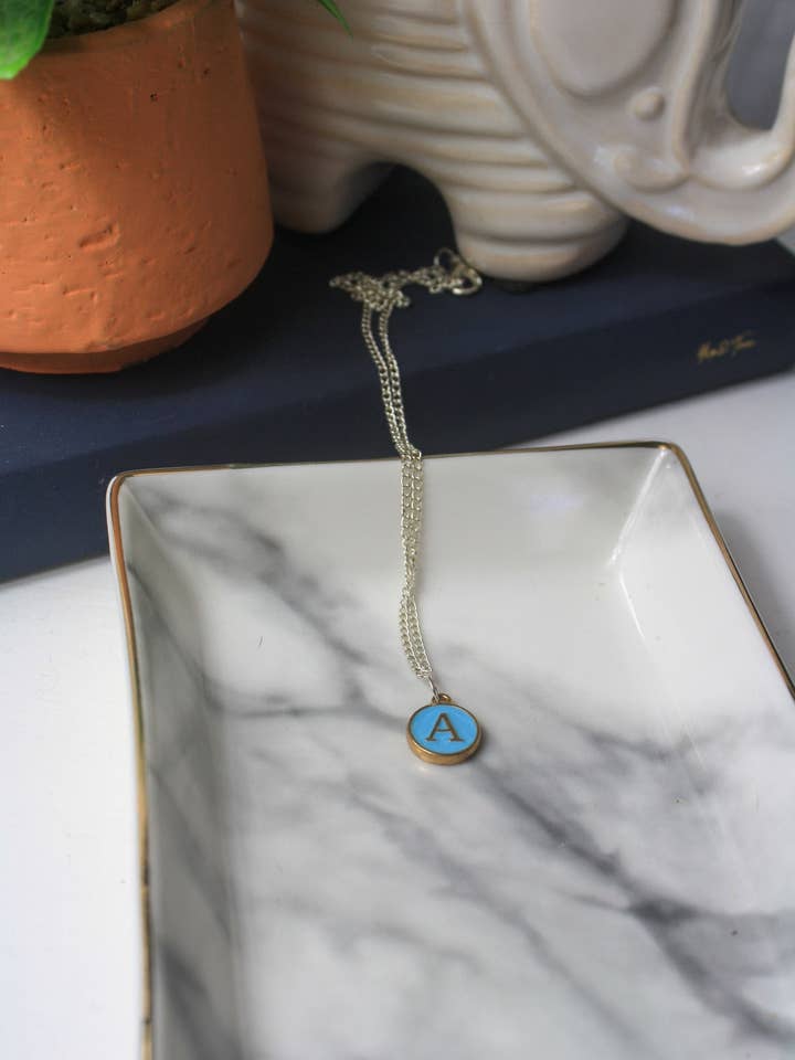 Blue + Silver Initial Necklace for wholesale by Hearts Undone