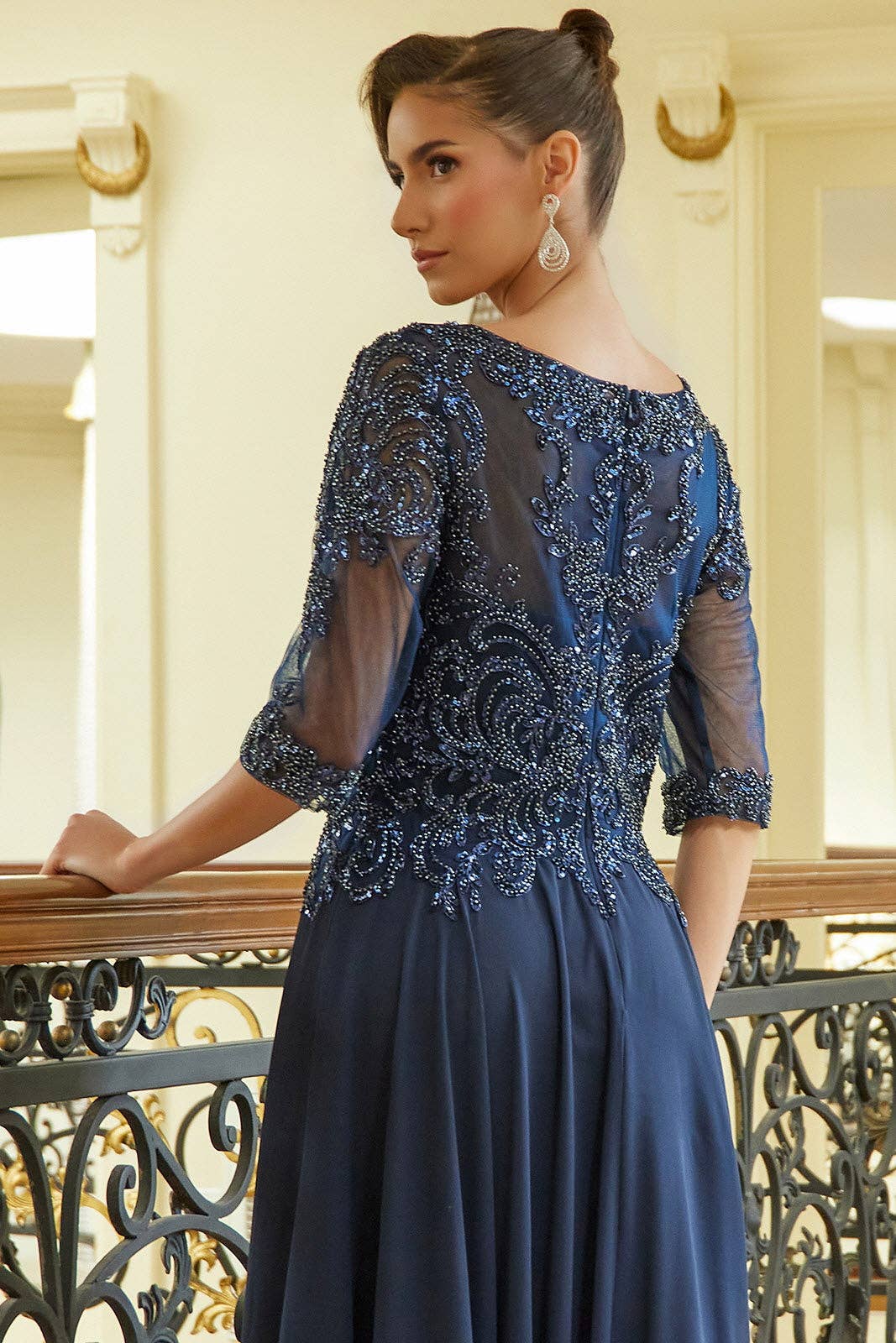 SMC Fashion - Wholesale Gown - Women's - Bead sequin embellished 1 2 sleeve mesh bodice with chiffon skirt GLGL359911