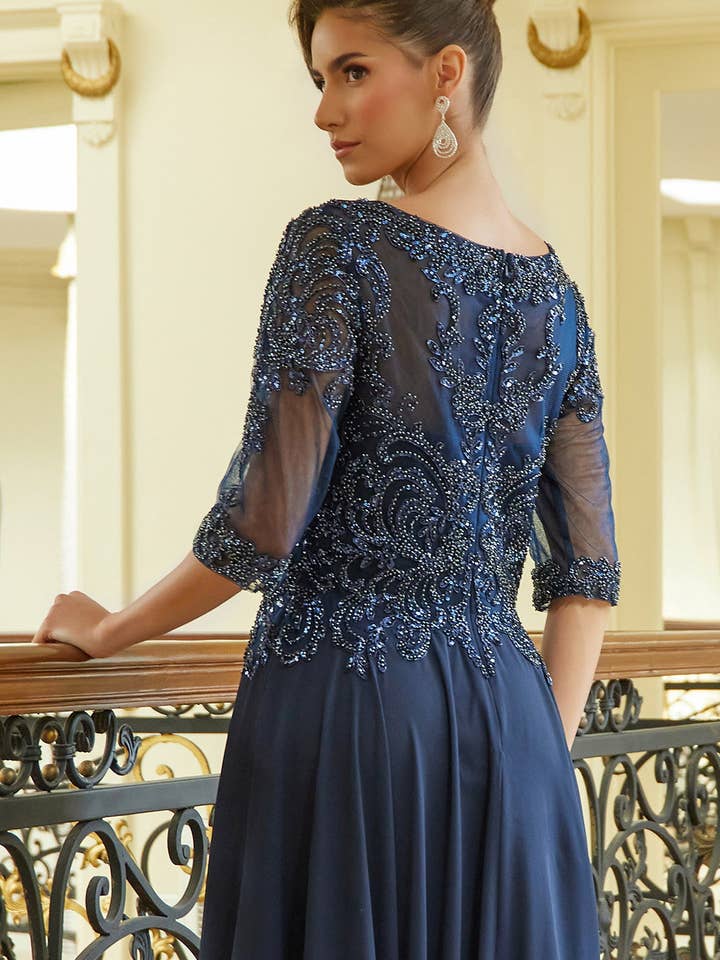 SMC Fashion - Wholesale Gown - Women's - Bead sequin embellished 1 2 sleeve mesh bodice with chiffon skirt GLGL359911