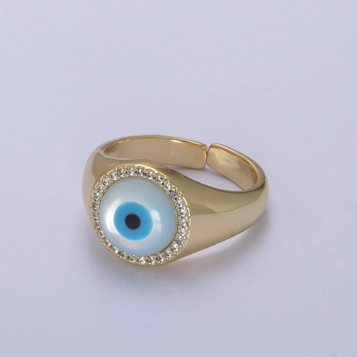 Aim Eternal - Wholesale Cocktail/Statement Ring - 14K Gold Filled Micro Pave Evil Eye Blue Dome Ring Open Adjustable Ring U-474