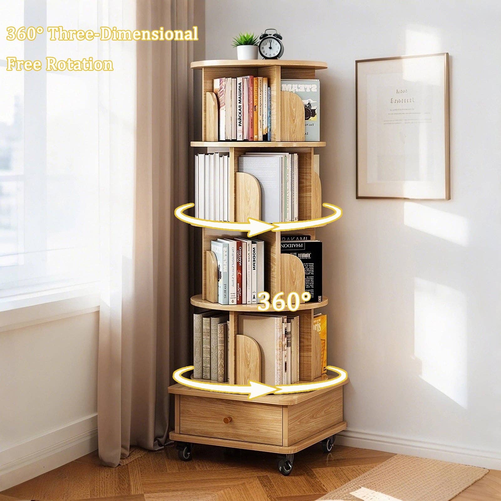 39F Inc. - Wholesale Bookcase - 5/6-Tier 360° Rotating Bookshelf with Drawer, White/Wood10