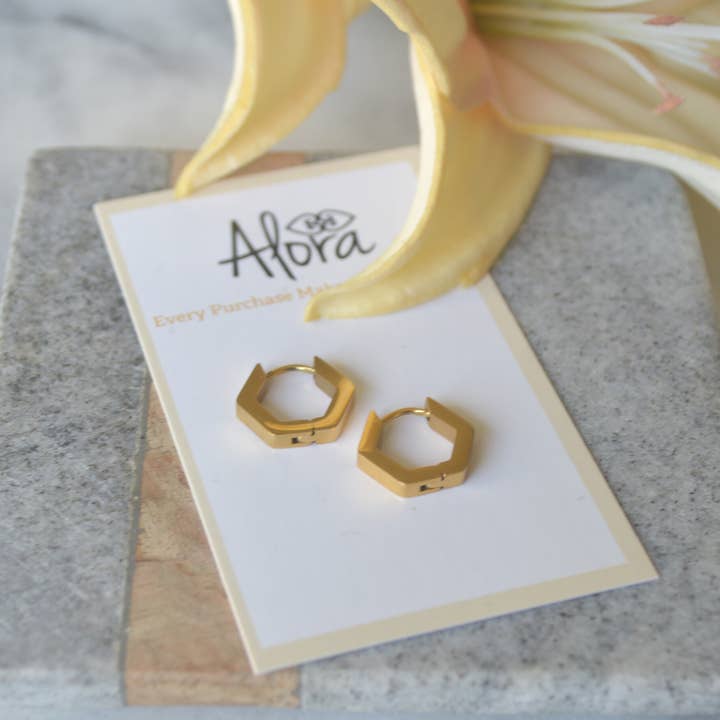Alora Boutique Inc. - Wholesale Huggie Earrings - Kelly | Simple Hexagon Huggie Hoop Earrings1