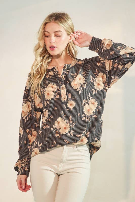 CHARCOAL ET7775-11LONG SLEEVE FLORAL BUTTON UP TOP for wholesale on Faire7